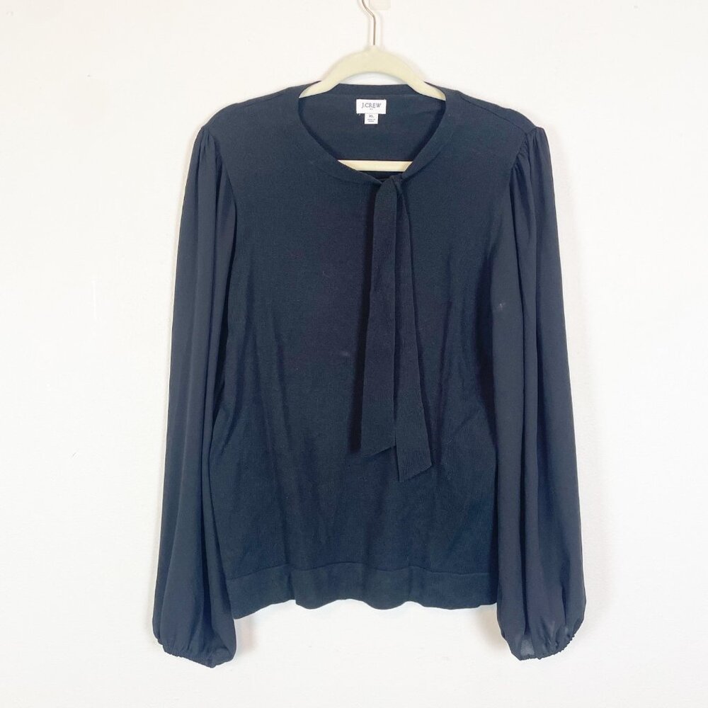 J. Crew Factory Women's‎ XL Black Mixed Media Sweater Neck Bow Tie Chiffon BC538